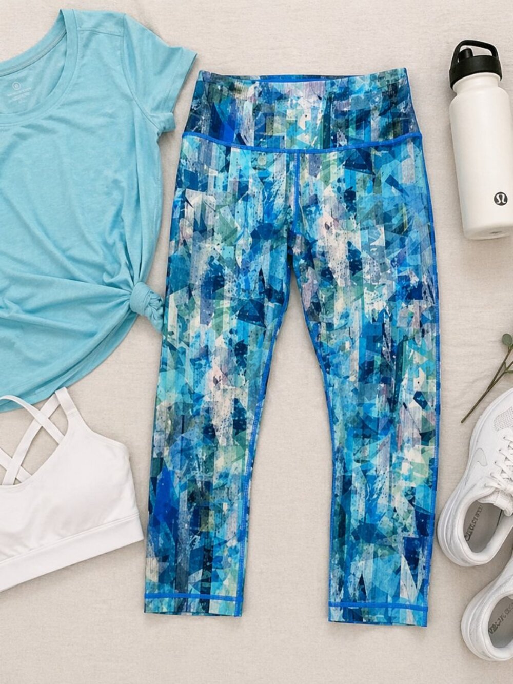 Lululemon Wunder Under Crop High Rise Leggings Blue Abstract Print Size 8